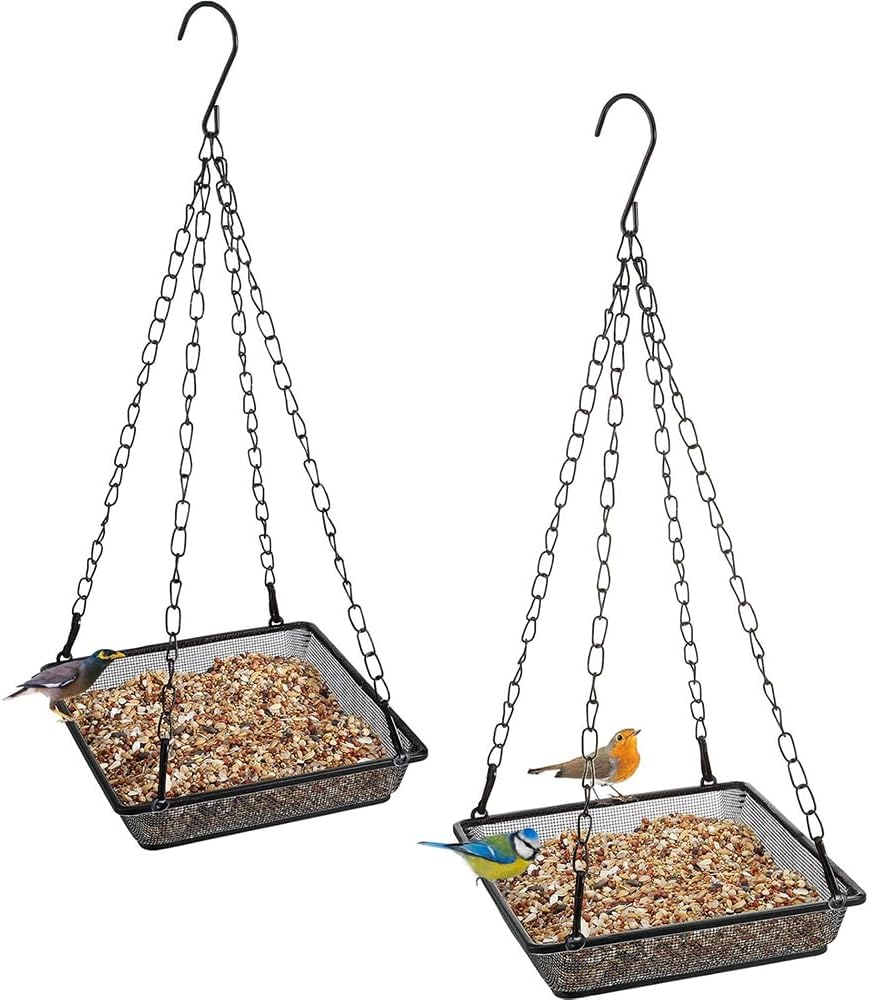HYAVIA 2 Pack Hanging Metal Bird Feeder Trays &ndash; Rust-Resistant Mesh Seed Platforms with Chains, No-Tilt Design for Outdoor Garden, Backyard, Park Decor (Black) image number 6