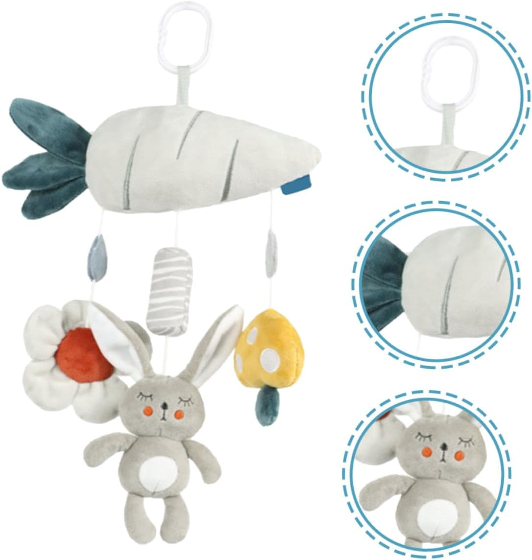 Plush Stroller Hanging Rattle with Built Sound Soft Sensory Crib and Car Seat Activity for Newborns Years Gray Bunny and Carrot Design Travel-Friendly image number 5
