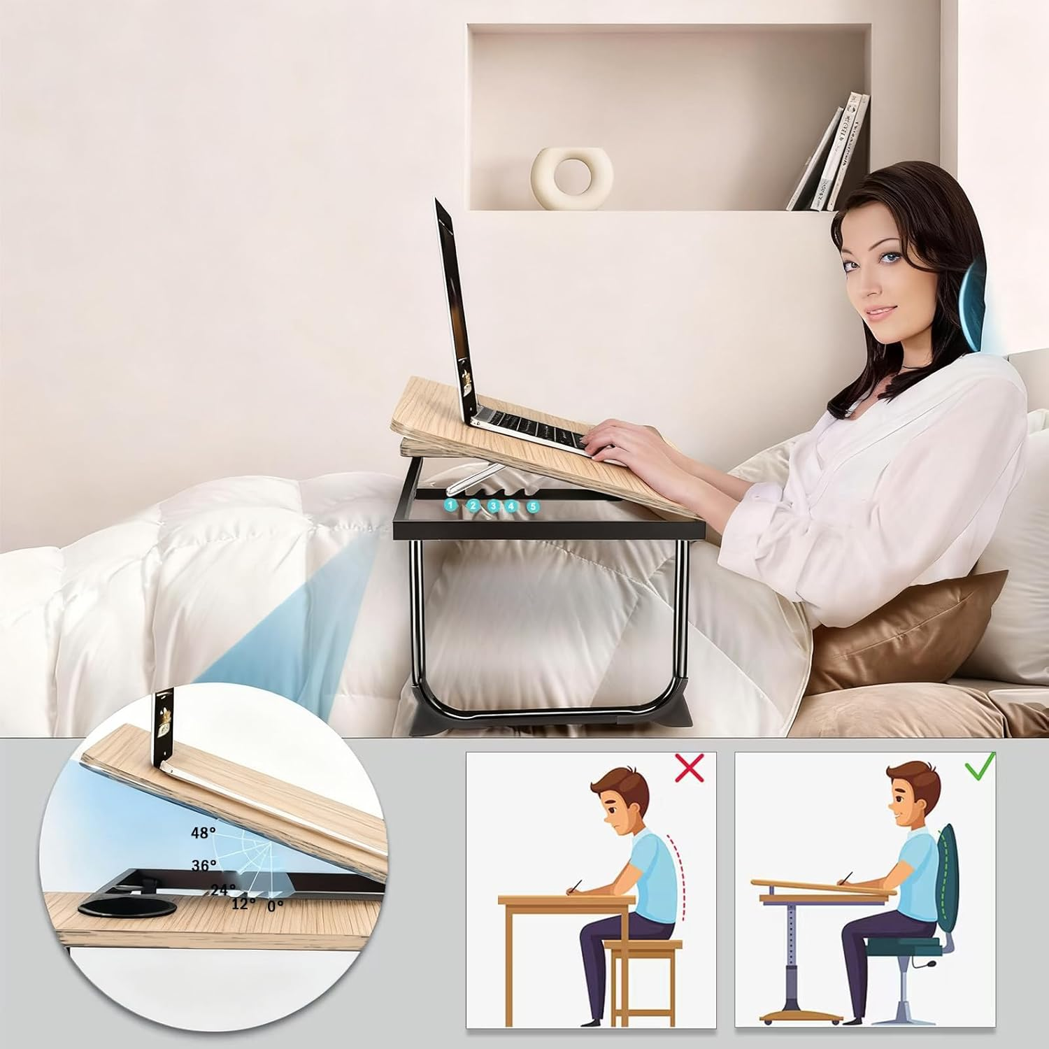 Adjustable Laptop Desk for Bed, 5-Angle Portable Lapdesk with Non-Slip Bar & Feet, Lightweight Lap Tray Table for Working/Eating/Reading, Includes Cup Holder (Natural Wood) image number 1