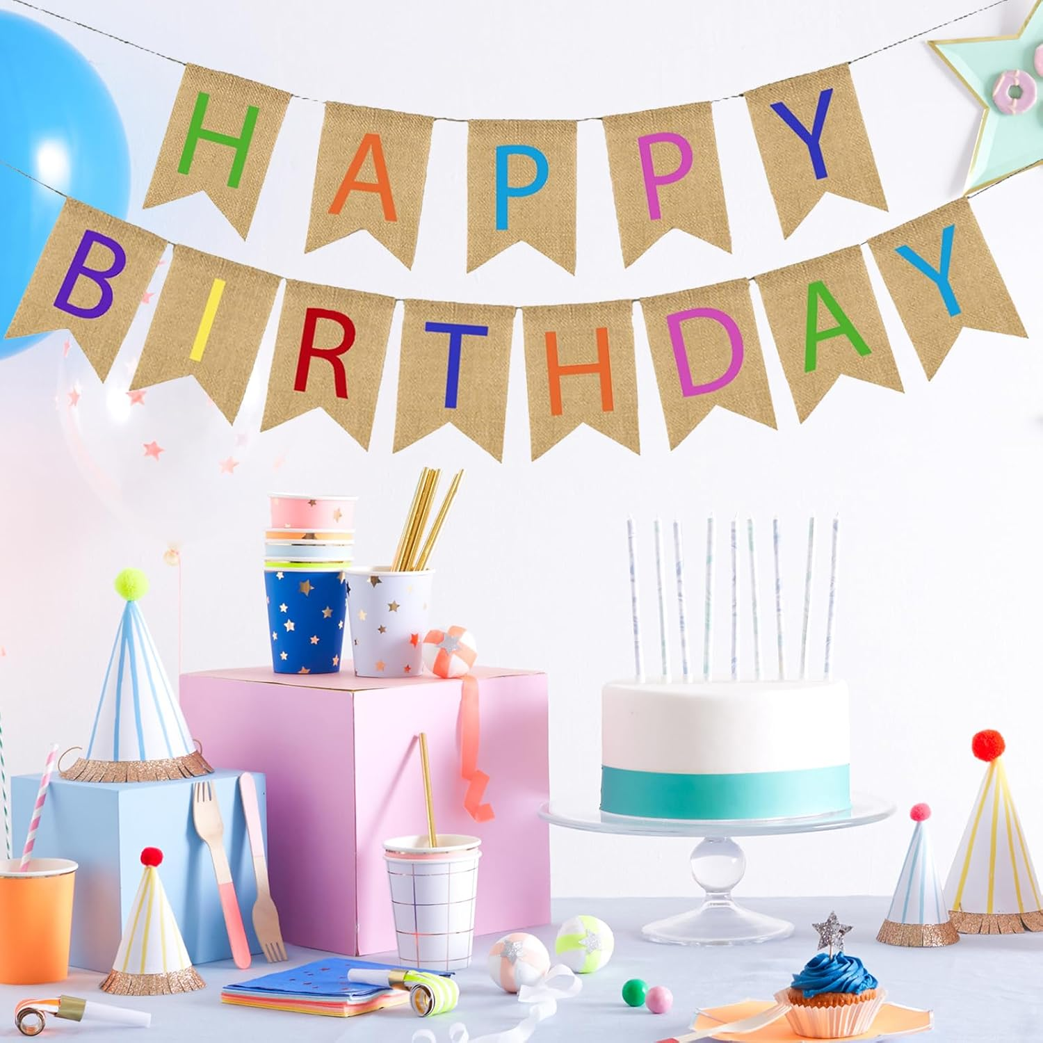 Happy Birthday Banner - 13Ft/4M Imitation Linen Bunting with 13 Swallowtail Flags Birthday Party Decorations for Indoor & Outdoor Celebrations