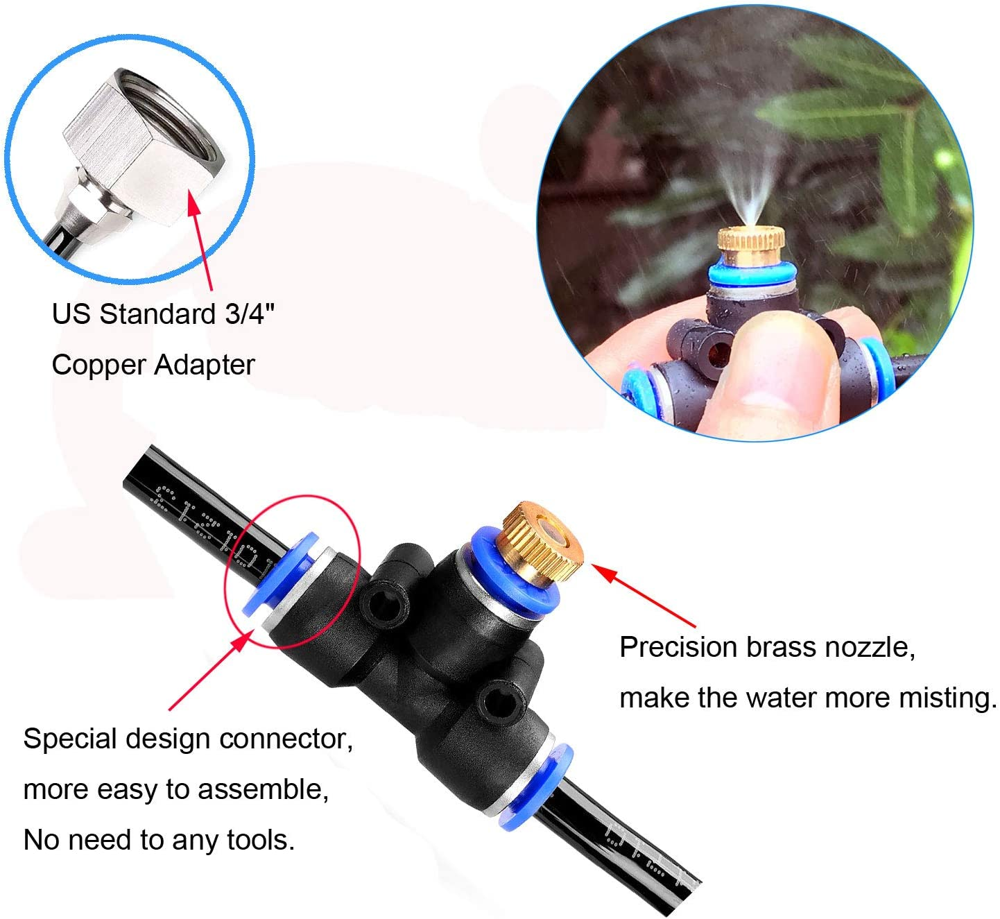 Misting Cooling System Kit 26.2FT(8M) Misting Line DIY Outdoor Mist Cooling Kit+11 Brass Nozzles Garden Misting Irrigation System for Garden Greenhouse, Flower Bed,Patio,Lawn image number 6