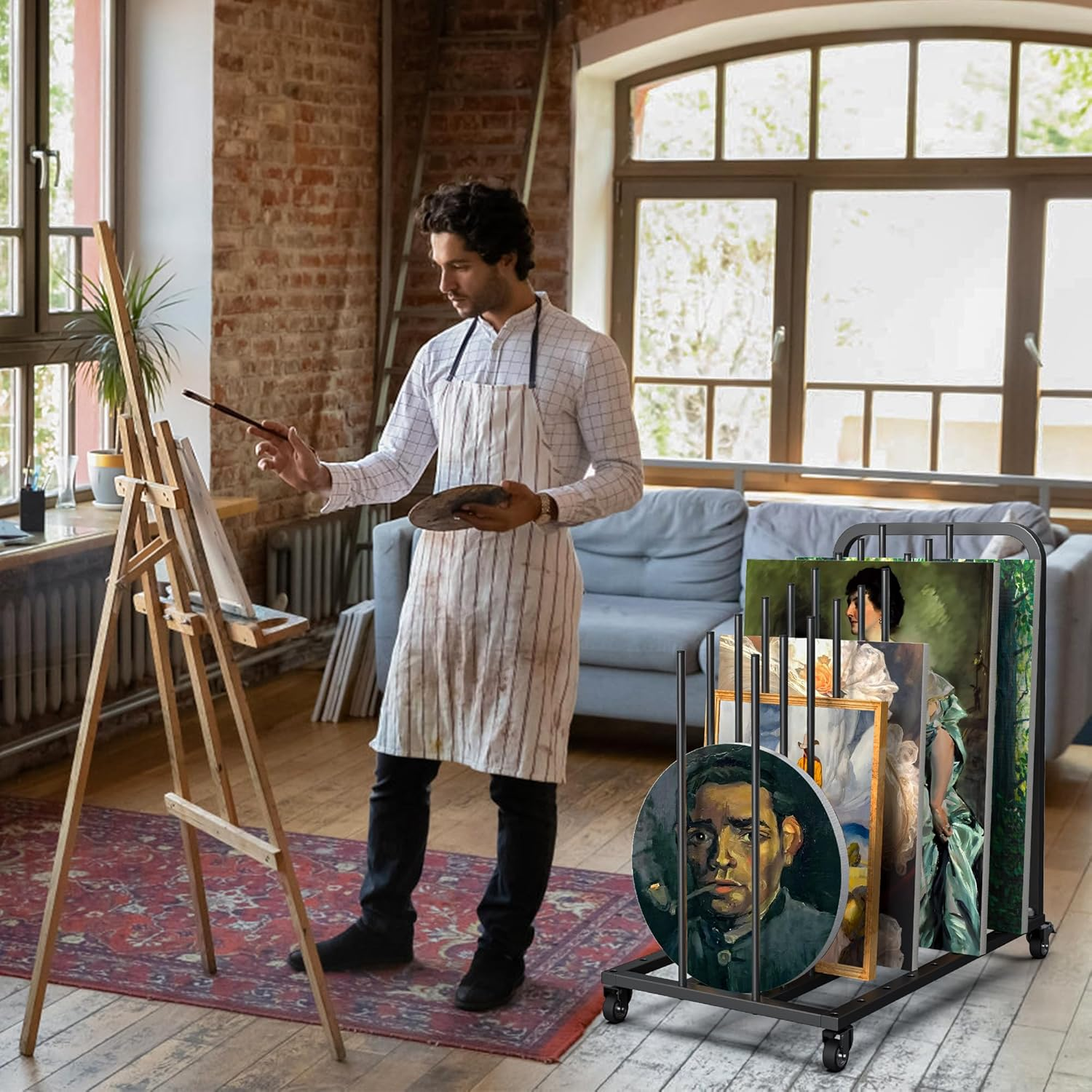 Mosegor Art Canvas Storage Rack with Wheels，Iron Art Storage Easel with Wheels，Adjustable Art Drying Painting Rack，Suitable for Drying Canvas Boards, Painting Boards, Crafts（Black） image number 3