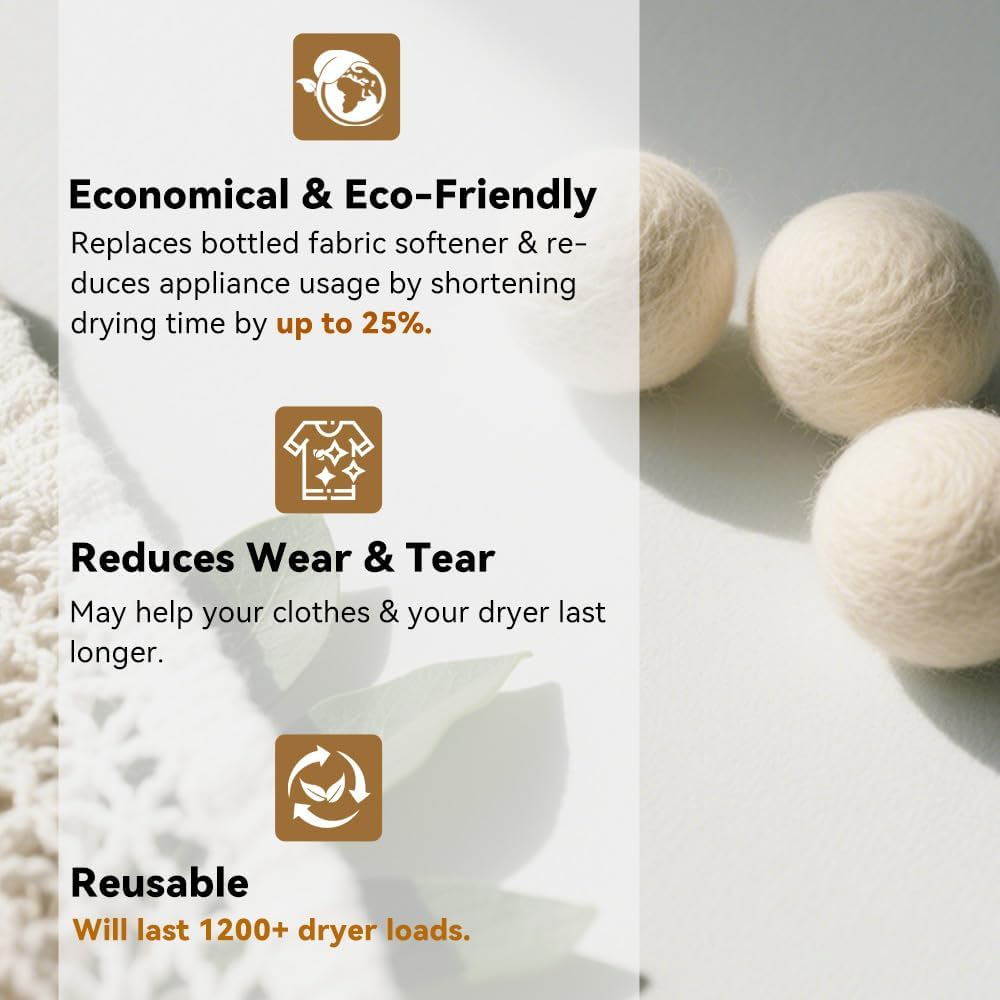 Wool Dryer Balls,Set of 6 with Storage Bag, 100% Natural Fabric Softener,Reusable Natural Fabric image number 1