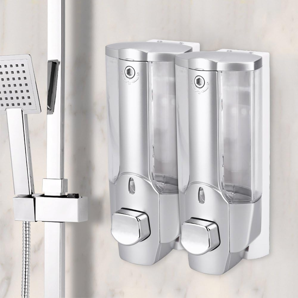 Wall Mounted, Liquid Transparent Shampoo Container Space Saving Liquid Pump with Built in Springs for Home (Silver Double Cups) image number 2