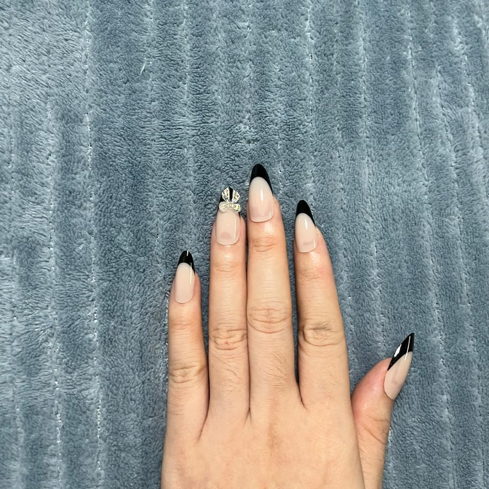 24PCS Short False Nails Almond, French Tip Black Press on Nails Designs, Glossy Removable Glue-On Nails Fake Nails Set with Glue Stickers, Acrylic Full Cover Stick on Nails for Women Girls image number 3