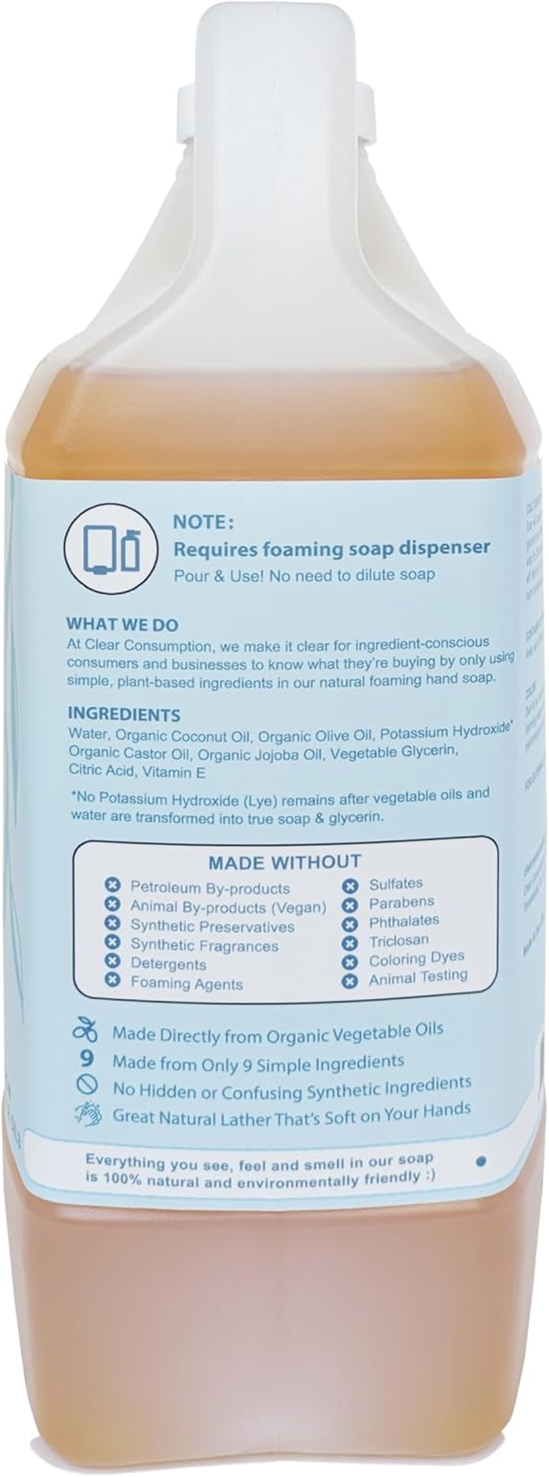 All Natural Unscented/Fragrance Free Plant-Based Foaming Hand Soap Refill - Made Directly from Organic Vegetable Oils, 64 Oz image number 1