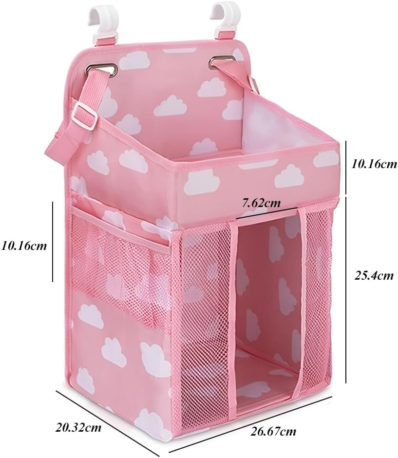 TOMVAES Hanging Nappy Organiser, Changing Table Caddy for Cot, Playard, Nursery with Mesh Pockets (Pink) image number 2