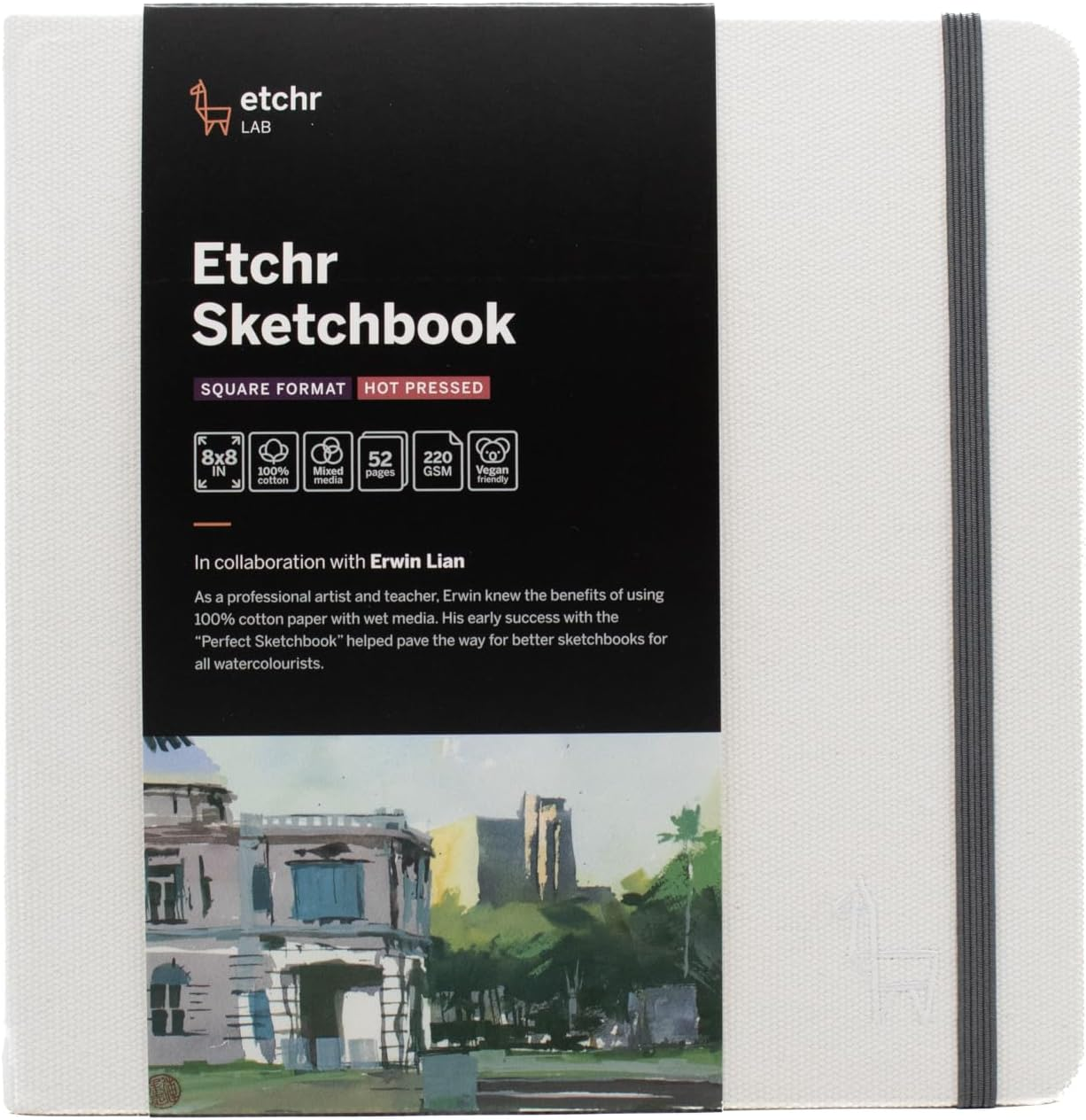 Etchr Sketchbook 8&rdquo; Square - Hot Press Mixed Media 100% Cotton Sketchbook - Hardcover Sketchbook - 8&rdquo;X8" with 52 Pages
