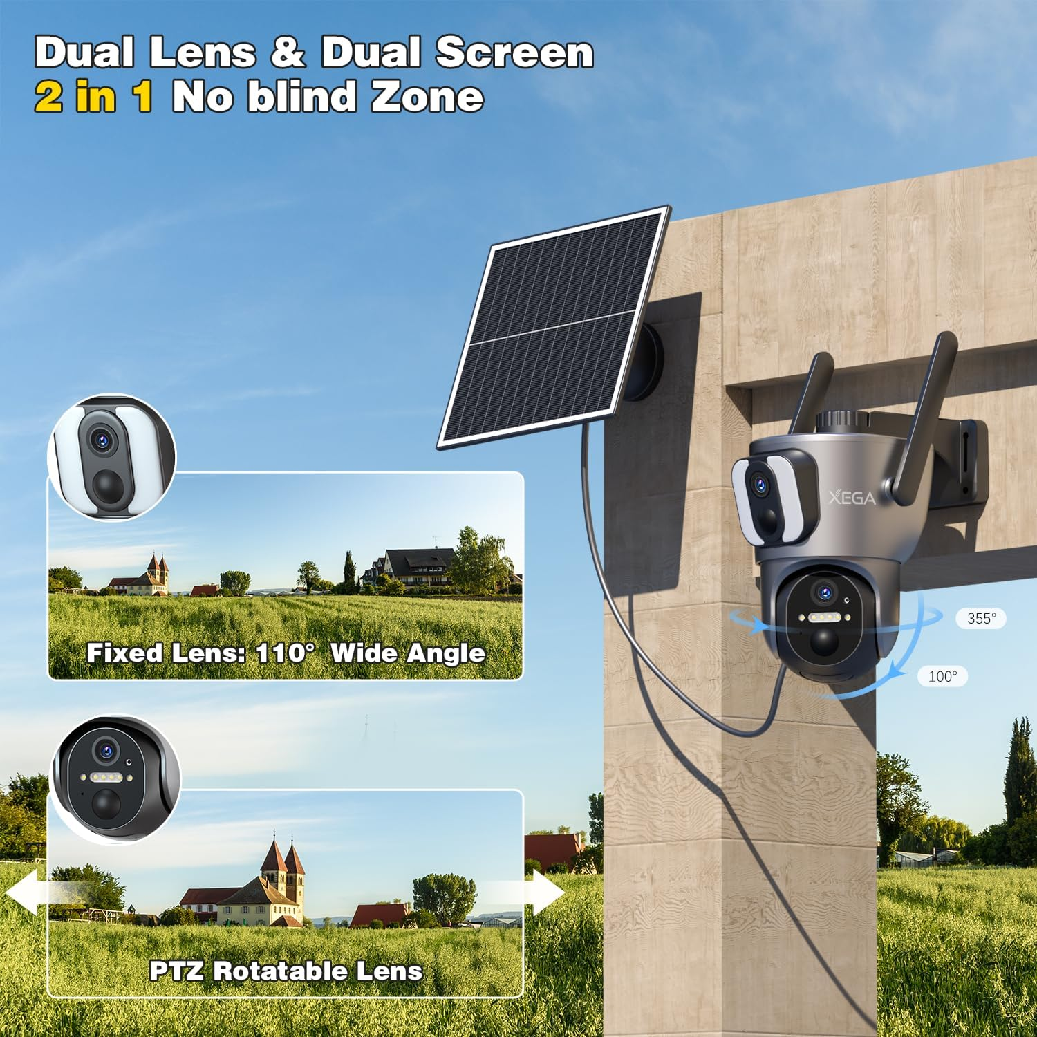 Xega 4G【Dual Lens】 Security Camera Outdoor with SIM Card, 14400Mah Solar Powered Wireless No Wifi Security Camera, 2K HD PTZ CCTV with Human Detection Spotlight Siren Alert TF Cloud Storage IP66 image number 4