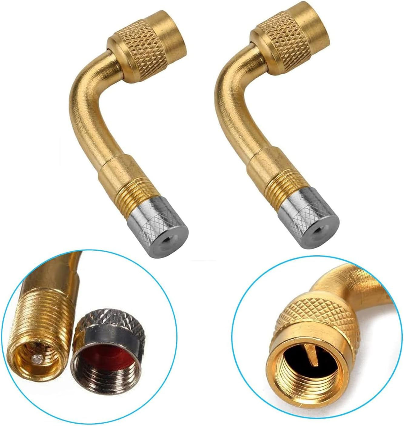 YUENTOEN 4 Pieces Tire Valve Extension, 90 Degree Valve Extender, Universal Brass Curved Tire Air Valve Stem Extension with Valve Cap for Car, Motorcycle, Truck and Bicycle