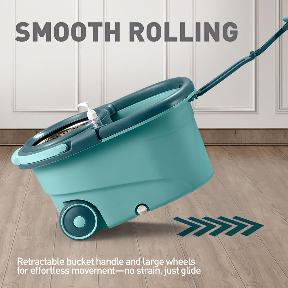 ZUNI 360&deg; Spin Mop and Bucket Set with 3 Microfiber Replacement Head Refills, Wet Dust Mop Set with Adjustable Stainless Steel Handle, Spinning Mop Bucket for Home Cleaning, Green