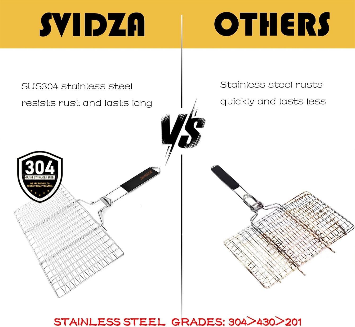 Fish Grill Basket, Svidza Portable Outdoor Non-Stick Grilling Basket for Fish, Vegetables, Shrimp and Steak. Thickened 304 Gardening Grill Netting Lasts Longer image number 4