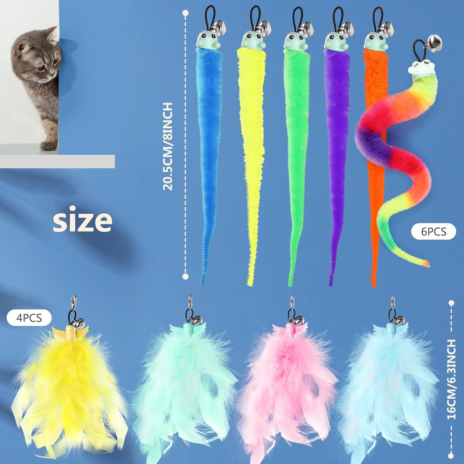 Hianjoo 10PCS Teaser Cat Toy, Replacement Teaser, 6 Pieces Cat Worms Refill and 4 Pieces Feather Toy with Bell, Interactive Catcher Teaser for Kitten or Cats image number 3