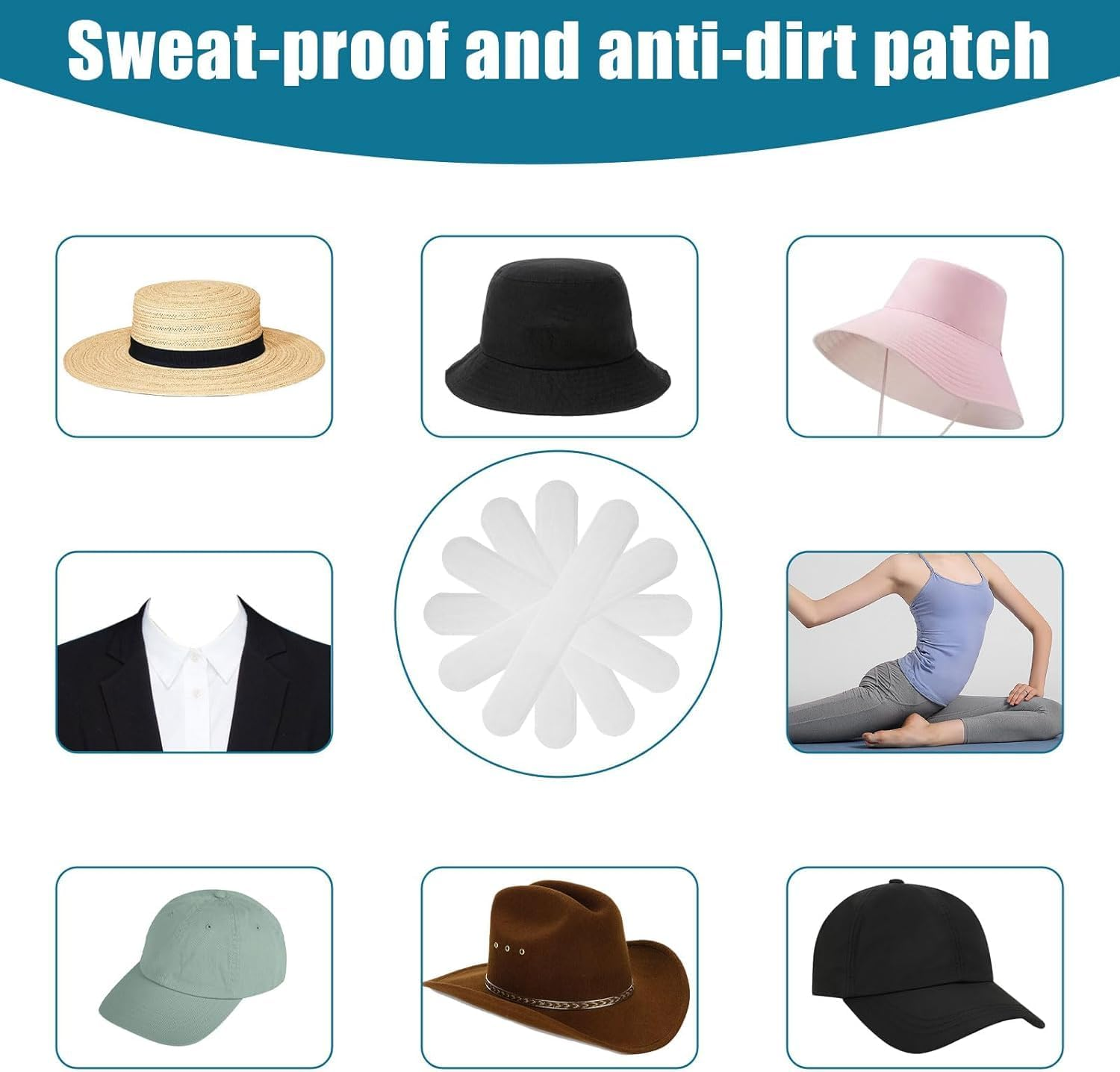 ZUJIACUN 60 Pieces Hat Sweat Liner for Cap Absorbent Sweat Shields Pad for Hats Strips Black and White for Women Men image number 6