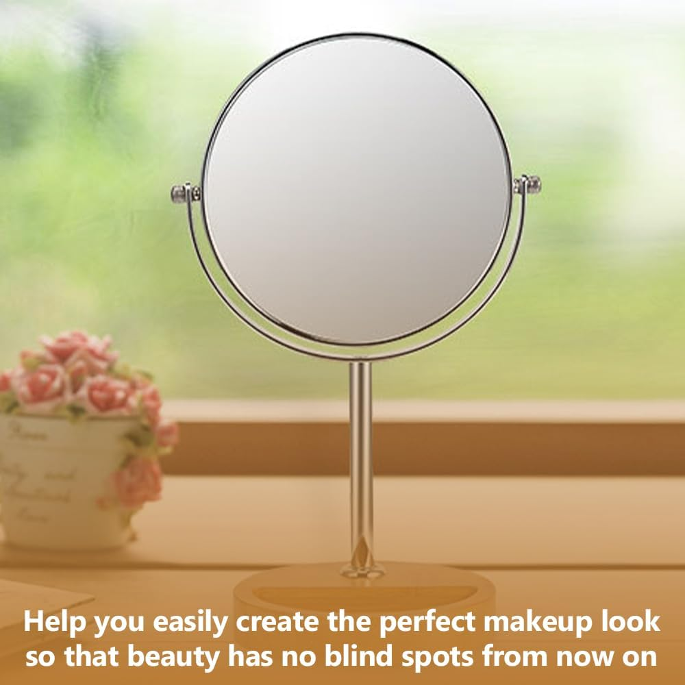 7 Inch Double-Sided Vanity Makeup Mirror with 1X/3X Magnification, 360&deg; Swivel round Tabletop Mirror with Natural Bamboo Stand and Storage Tray for Bathroom or Bedroom image number 1