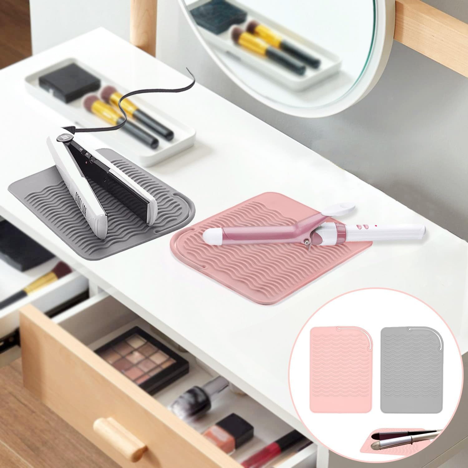 JOOTUEPO 2 X Travel Mat for Straighteners, Straighteners and Hair Styling Tools, Mat Cover for Curling Irons, Hair Straighteners, Straighteners and Other Hot Hair Tools (Pink, Grey) image number 3