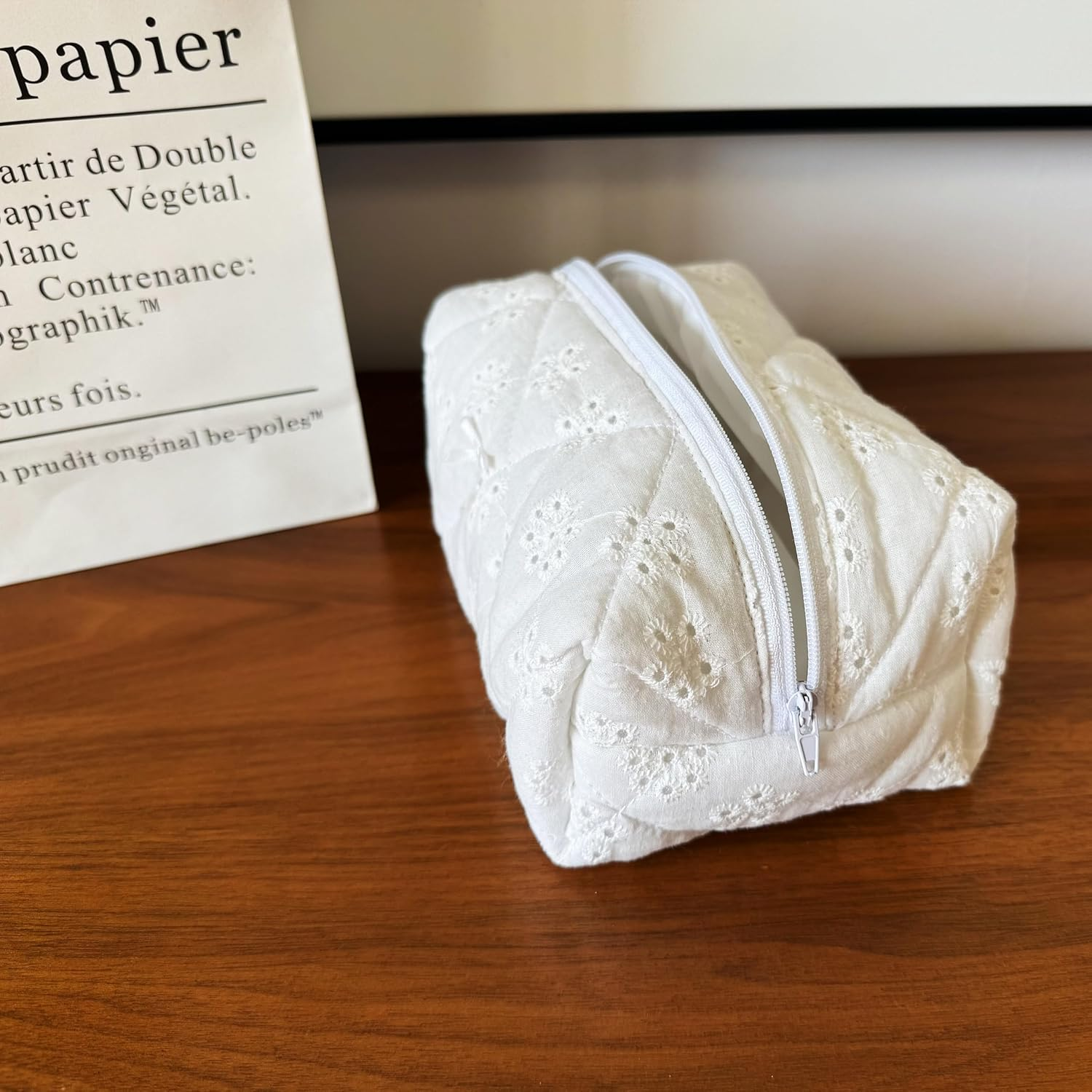 ZUNUONUO Handmade Quilted Cotton Makeup Bag for Women - Cute Cosmetic Pouch, Travel Toiletry & Make up Organizer, Coquette Aesthetic Skincare Bag, Travel Essentials, Embroidery White, Coquette image number 1