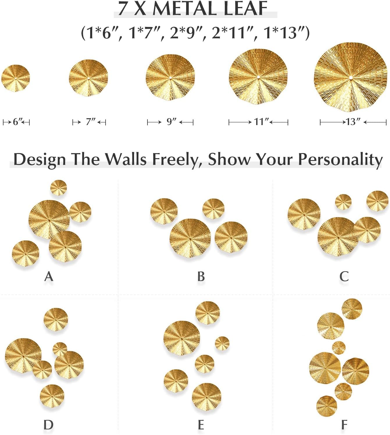 Gold Wall Decor for Living Room, 7PCS Gold Hanging Sculptures Bedroom Decoration, 3D Metal Leaf Wall Art with 5 Sizes, Large Modern Artwork for Home Office Bathroom Kitchen - Green And Gold image number 6