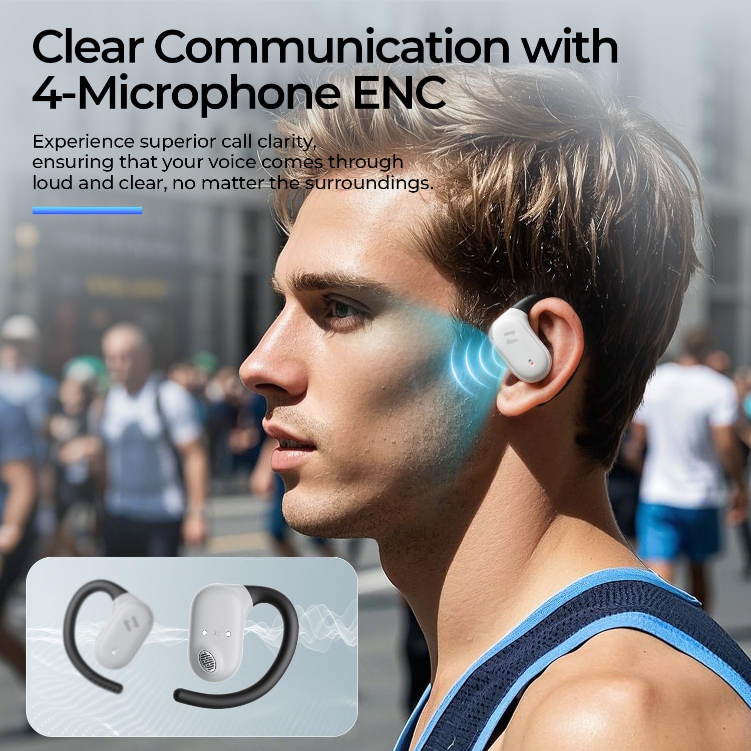 Havit OWS915 Open-Ear Headphones, 64H Playtime Open-Ear Earbuds with IPX5, Deep Bass, Powerful Sound Wireless Bluetooth Headphones - Gray image number 4