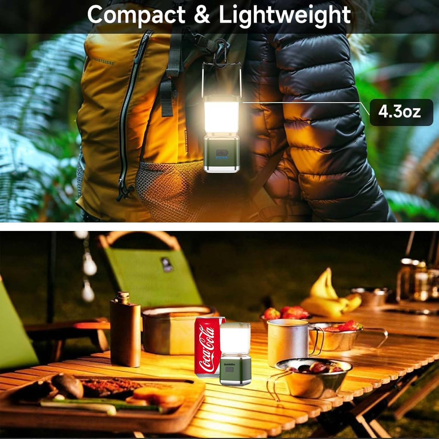 Bokmaton Portable Camping Lantern Rechargeable -4Inch, 400Lm LED Camping Lights Lantern &6Hours Runtime& Stepless Dimming, Emergency Lights for Power Outages, Waterproof Camping Lamp (Cream White) - Army Green image number 3