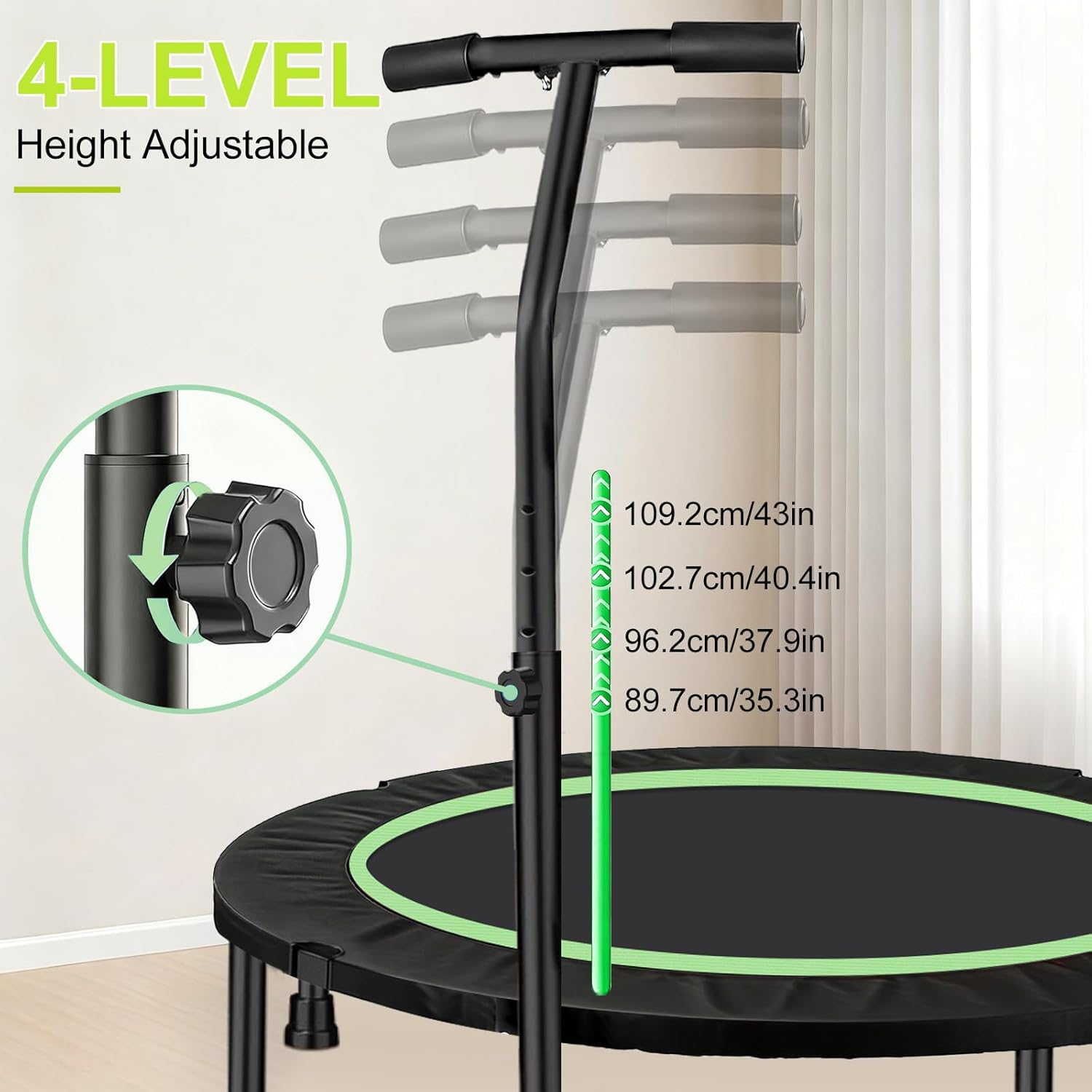 48" Rebounder Mini Trampoline Max Load 350Kg, Foldable Fitness Trampoline with Adjustable Foam Handle, T Shape Trampoline Suitable for Adults and Kids image number 2