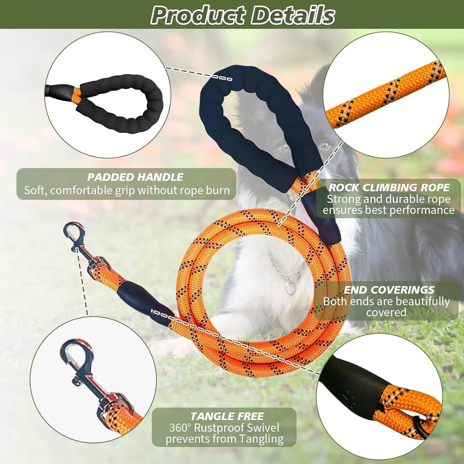 Premium Slip Lead Dog Leash - Heavy Duty 2M Rope Leash with Adjustable Slipknot, Thick & Sturdy Training Lead for Dogs/Puppies, No-Pull Pet Walking (Orange) image number 6