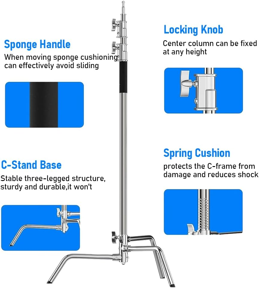 Studio Light Stand Heavy Duty Stainless Steel C Stand 1.5-3.3M Adjustable Light Stand, Photography Light Stand with Boom Arm Grip Head Sandbag, for Reflectors Softboxes Monolights Umbrellas