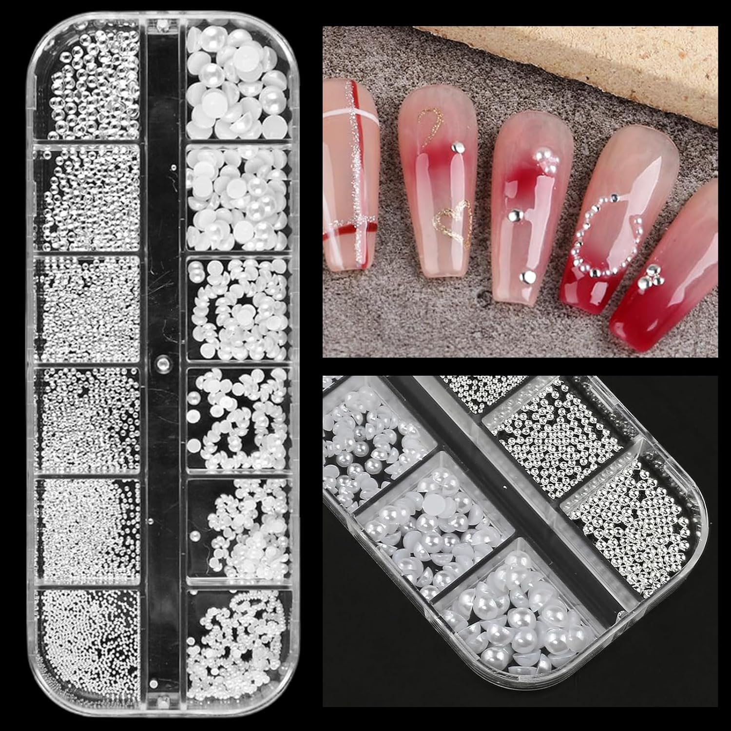 1 Box Nail Art Rhinestones, White Pearls for Nails, Half round Pearl Balls, Nail Pendants, Stainless Steel Beads, White Flat Back Beads for Women, Nail Decorations image number 3