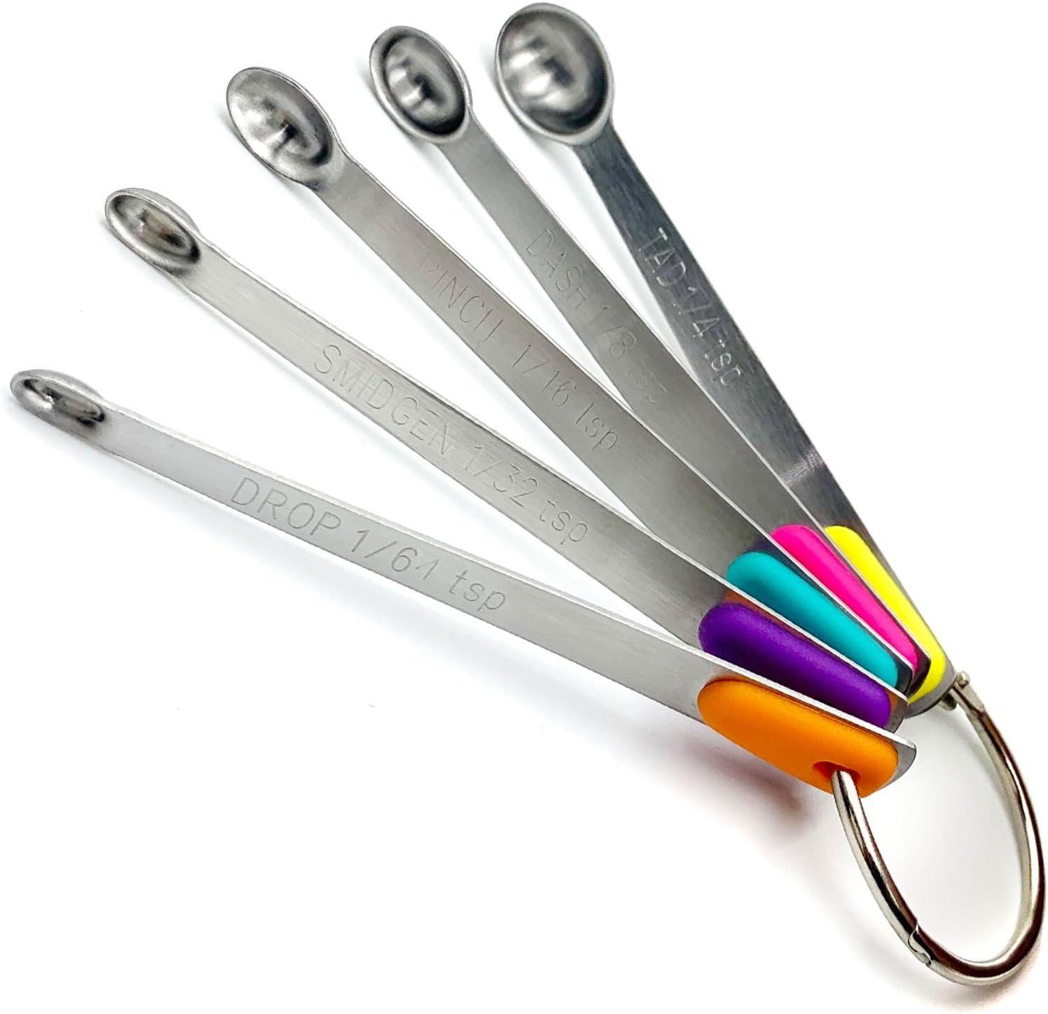 EYBDYB Stainless Steel Mini Measuring Spoons Set of 5 &ndash; Precise Teaspoon Measuring Tools 1/64, 1/32, 1/16, 1/8, 1/4 Tsp &ndash; Small Spice Measuring Spoons with Silicone Grip Handles & Storage Ring image number 1
