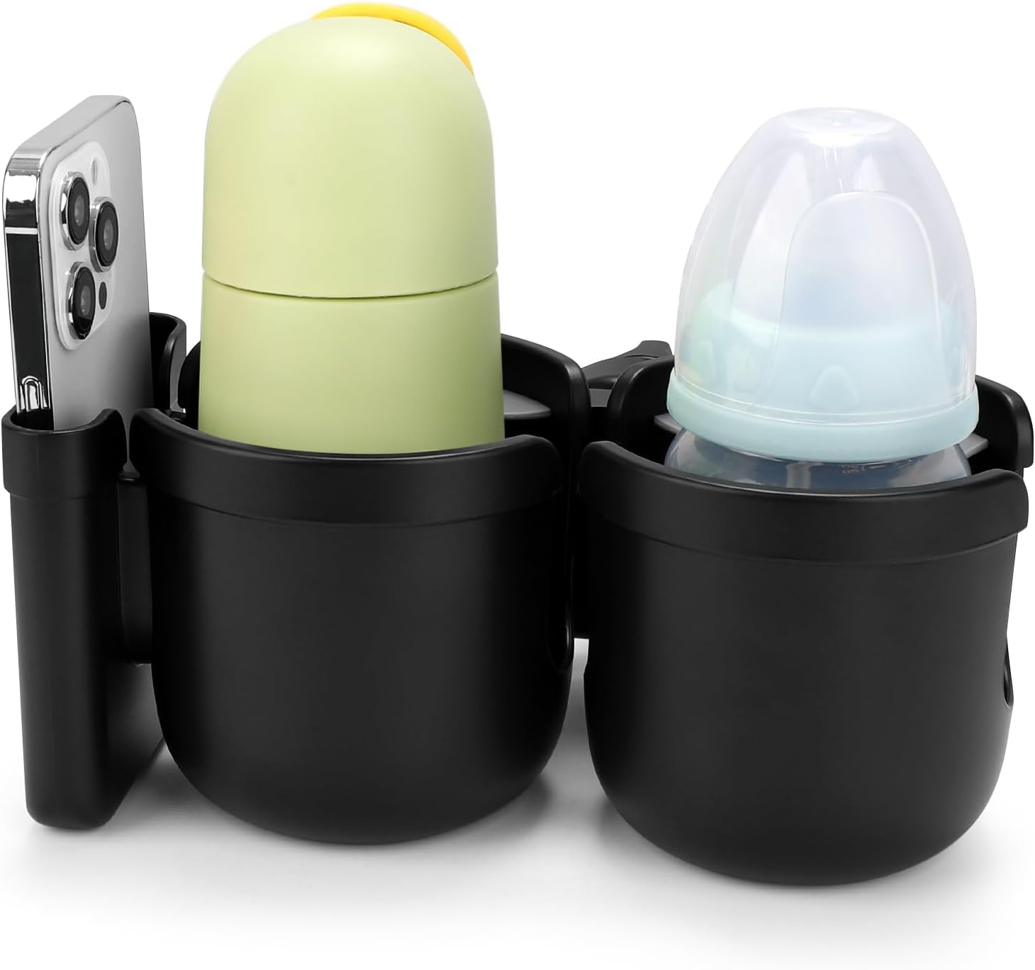 Qunlions Life Stroller Cup Holder with Phone Holder, Bike, Universal Cup Holder for Uppababy Nuna Doona Strollers, 2-In-1 Cup Phone Holder for Stroller, Bike, Wheelchair, Walker (Double Holder-Black) - All Black image number 5