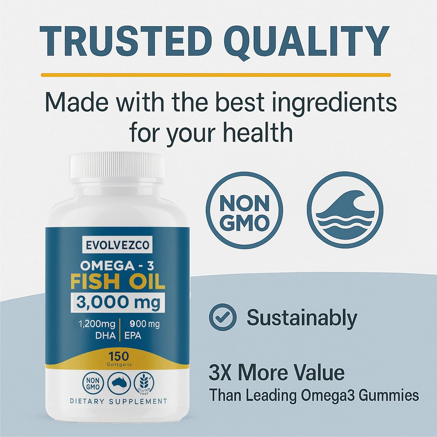 Omega-3 Fish Oil 3000 Mg &ndash; High Strength DHA & EPA &ndash; Wild-Caught & Purified Formula &ndash; 150 Softgels &ndash; Non-Gmo, Gluten-Free