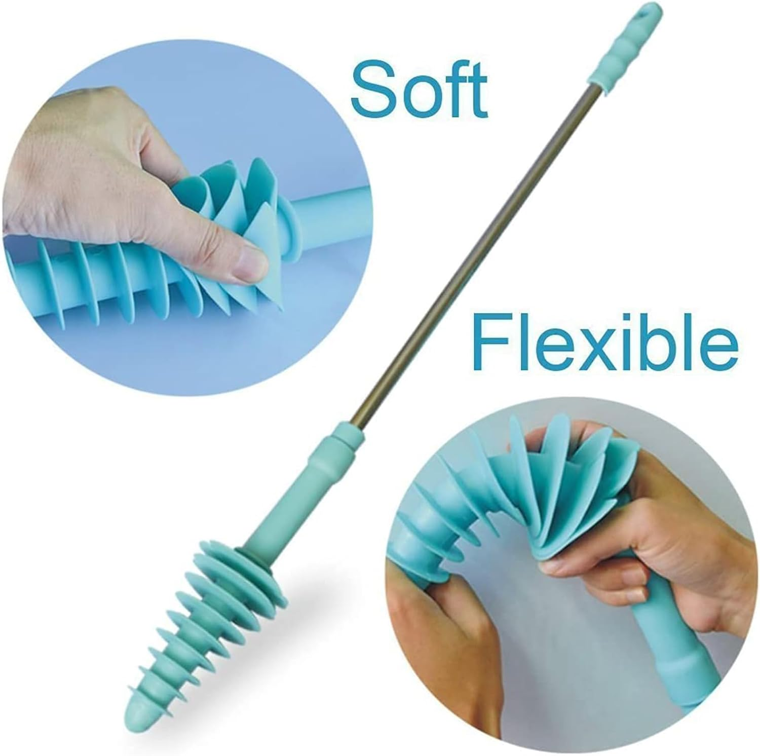 Toilet Plunger &ndash; Siphon Type Clog Remover with Flexible Rubber Head and Stainless Steel Handle, Effective Toilet Dredge Tool with Squeegee (Blue) image number 4
