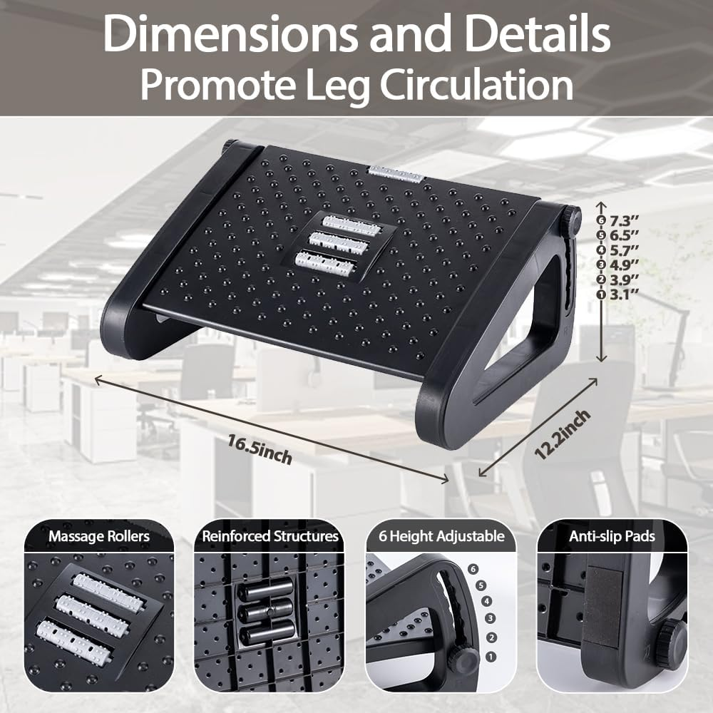 Casazenith Foot Rest, Six Heights Adjustable, Foot Massager, Non-Slip, Durable, Ergonomic under Desk Foot Stool for Home, Office, Travel, Gaming image number 5