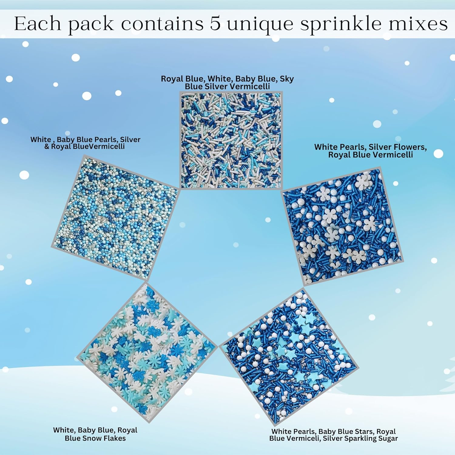 Confect Christmas Sprinkles | Mix Pearl, Blue Pearls & Jimmies Sprinkles | Snowflake Sprinkles | Frozen Sprinkles | White Pearls Sprinkles | Christmas Jimmies Sprinkles &ndash; 100Gms image number 1