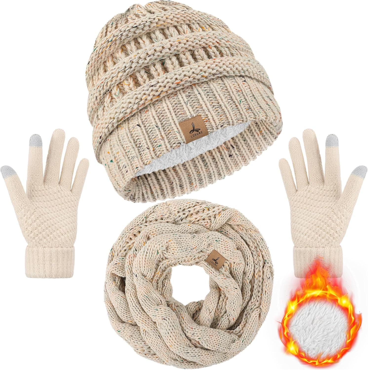 Winter Beanie Hat Scarf Gloves, Warm Fleece Knit Winter Hats Touch Screen Gloves Neck Scarf Set Winter Gifts for Unisex Adult image number 2