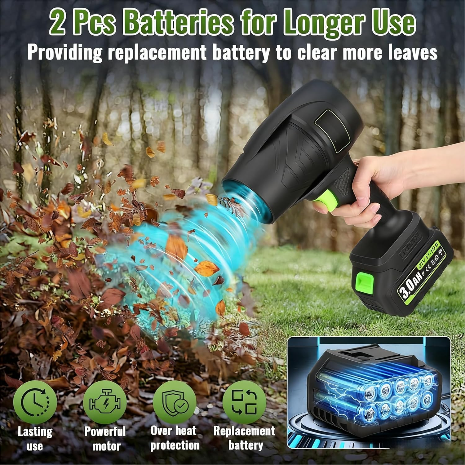 Electric Cordless Leaf Blower, 300000RPM Handheld Leaf Blower 2 X 1.5Ah Batteries and Charger Included, Lightweight Leaf Blowers for Patio Cleaning, Lawn Care, Blowing Leaves and Dust, Black