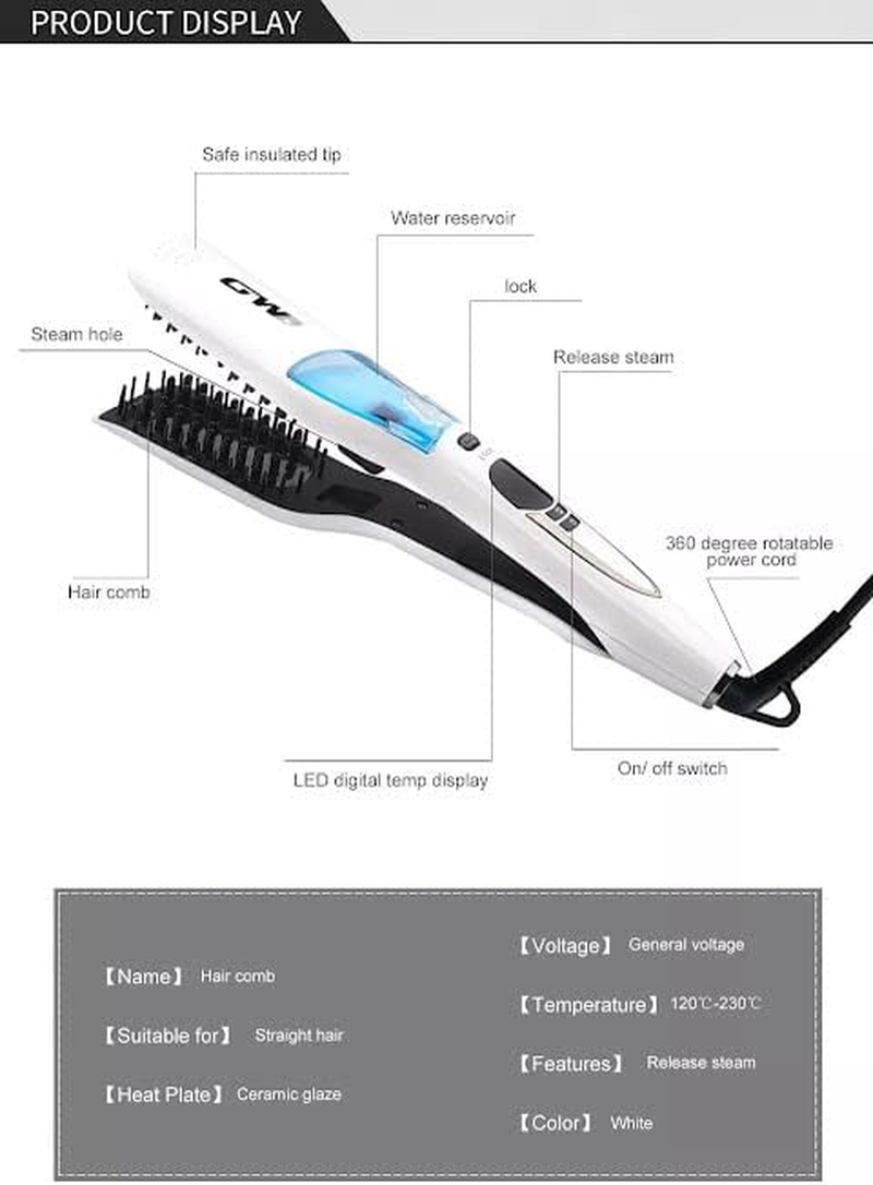 Steam Hair Straightener, Electric Comb, Hot Brush, Professional Flat Iron, LCD Ceramic Coating, Steam image number 5