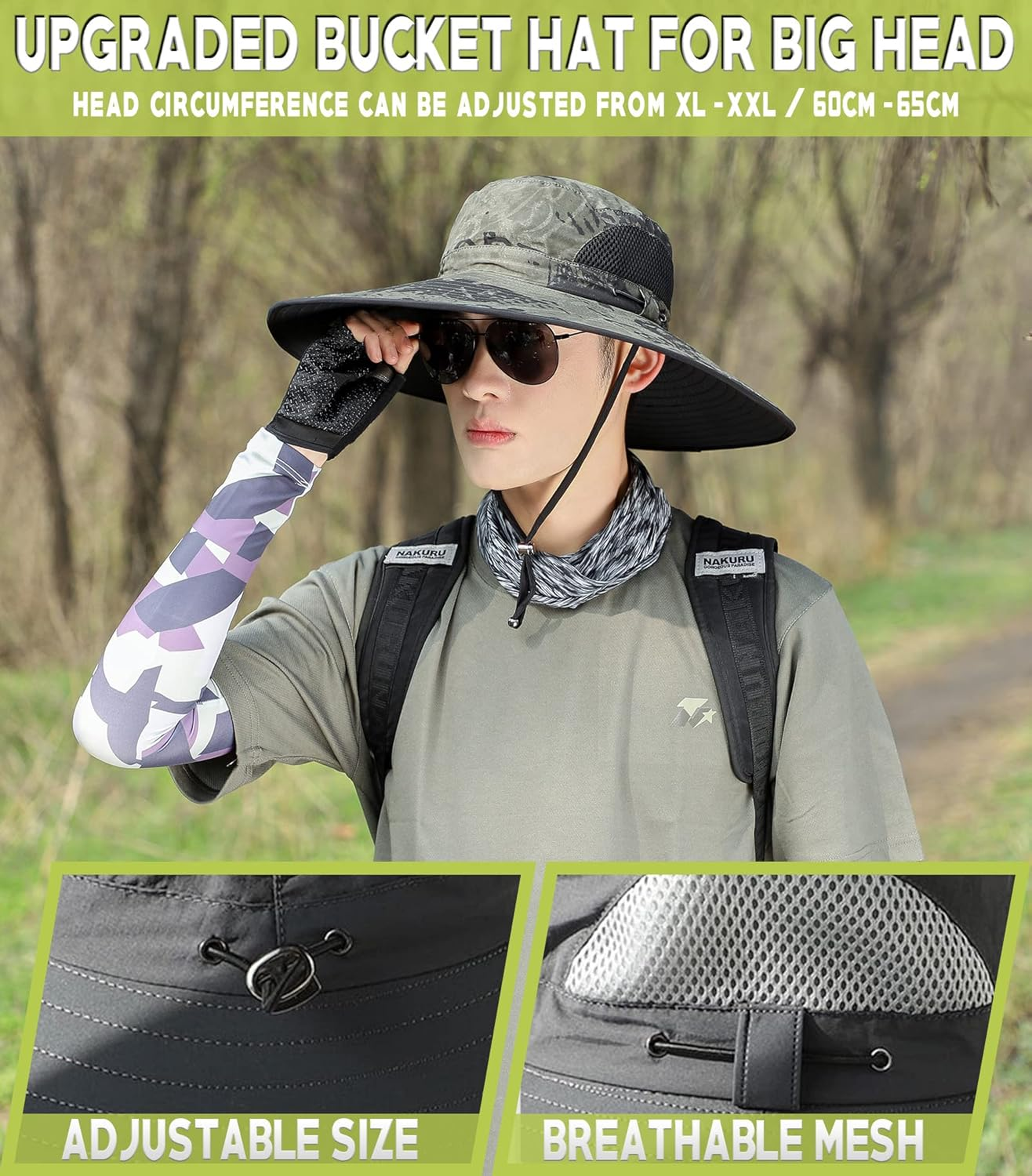 Extra Large Bucket Hat for Big Head, XXL Wide Brim Bucket Sun Hat Men/Women, Waterproof Boonie Hat for Fishing, Hiking, Camping, Smart Garden (Camo-Green) image number 1