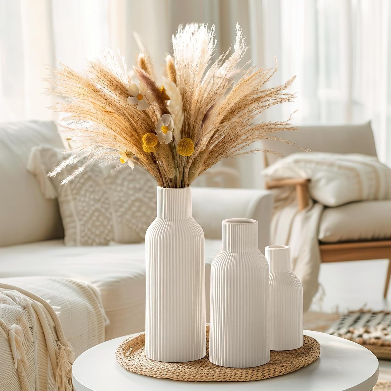 White Ceramic Vase Set of 3 - Minimalist Modern Ribbed Vases Home Decor for Desk, Shelf, and Table, Aesthetic Flower Vases for Entryway, Mantle, Bookshelf image number 2