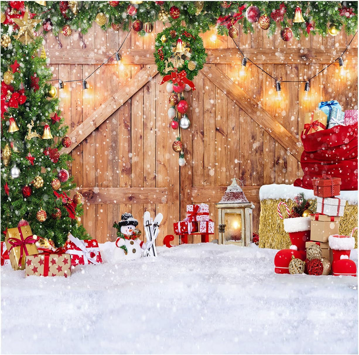 SJOLOON Rustic Christmas Barn Wood Door Backdrop for Photography Xmas Tree Snow Gift Wall Floor Party Photo Background Winter Holiday Family Supplies Banner Decoration Studio Props 12391 (12X10Ft) image number 4