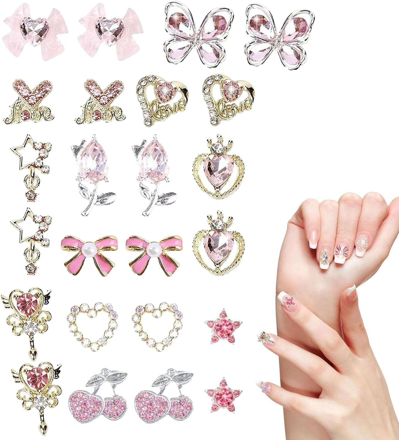 Nail Charm - 3D Manicure Nail Decoration for Girl - Ribbon Bow Heart Star Cherry Butterflies Flower Rhinestones Charm for Salon Manicure Accessories Women Enhanced Creativity