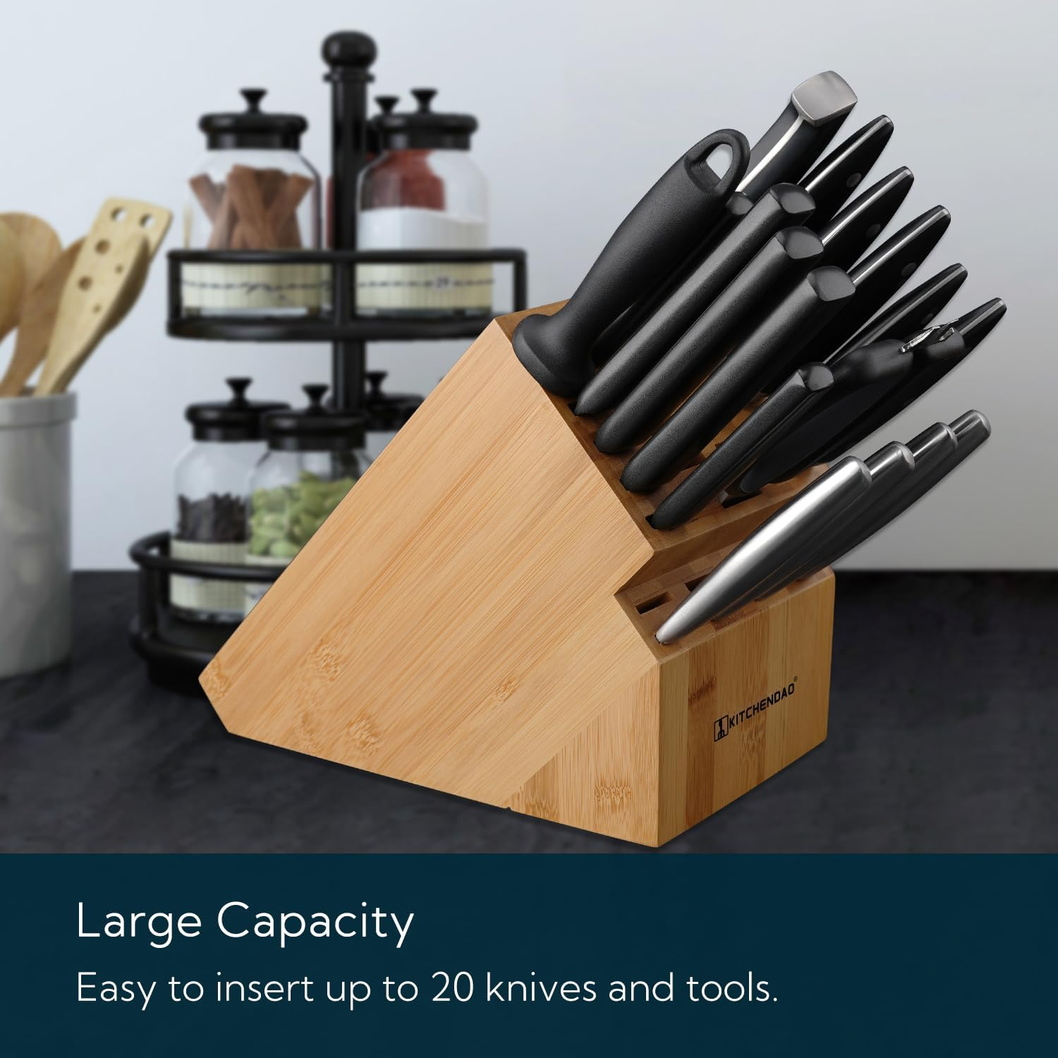 KITCHENDAO Deluxe 20 Slot Bamboo Knife Block without Knives, Countertop Butcher Block Kitchen Knife Stand, Hold Multiple Large Blade Knives, Wider Slots for Easier Storage image number 4