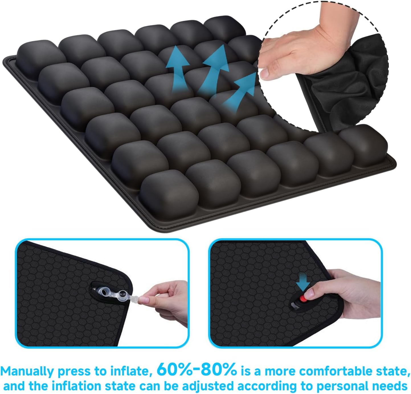 Sluxjet Travel Cushion, 3D 36 Air Cells Plane Cushion, Manual Press Inflatable Seat Cushion for Airplane, Office Chair, Travel Car Seat, Wheelchair Accessories, Black