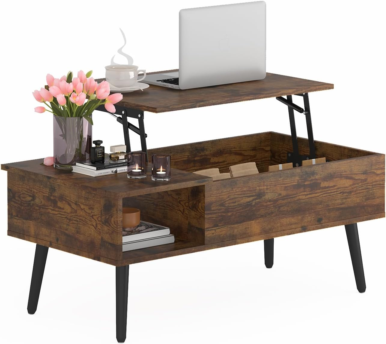 Ufurniture Lift Top Coffee Table with Hidden Storage, Gas Lift Tabletop Dining Table with Storage Shelf for Home Living Room, Office, Walnut