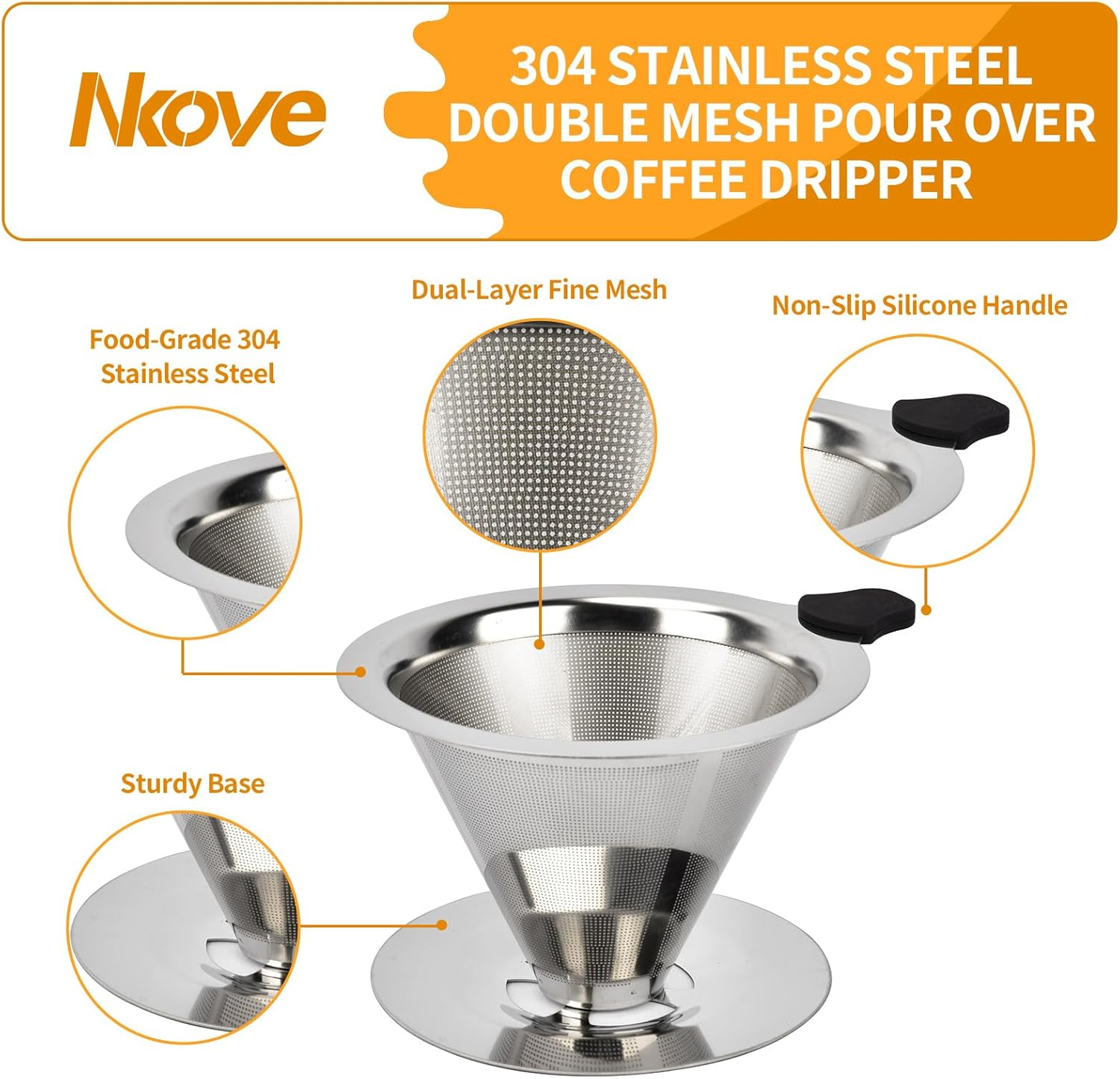 Pour over Coffee Dripper Stainless Steel Reusable Filter Paperless Cone Coffee Maker Dripper for 1-2 Cup, NK-A3 image number 6