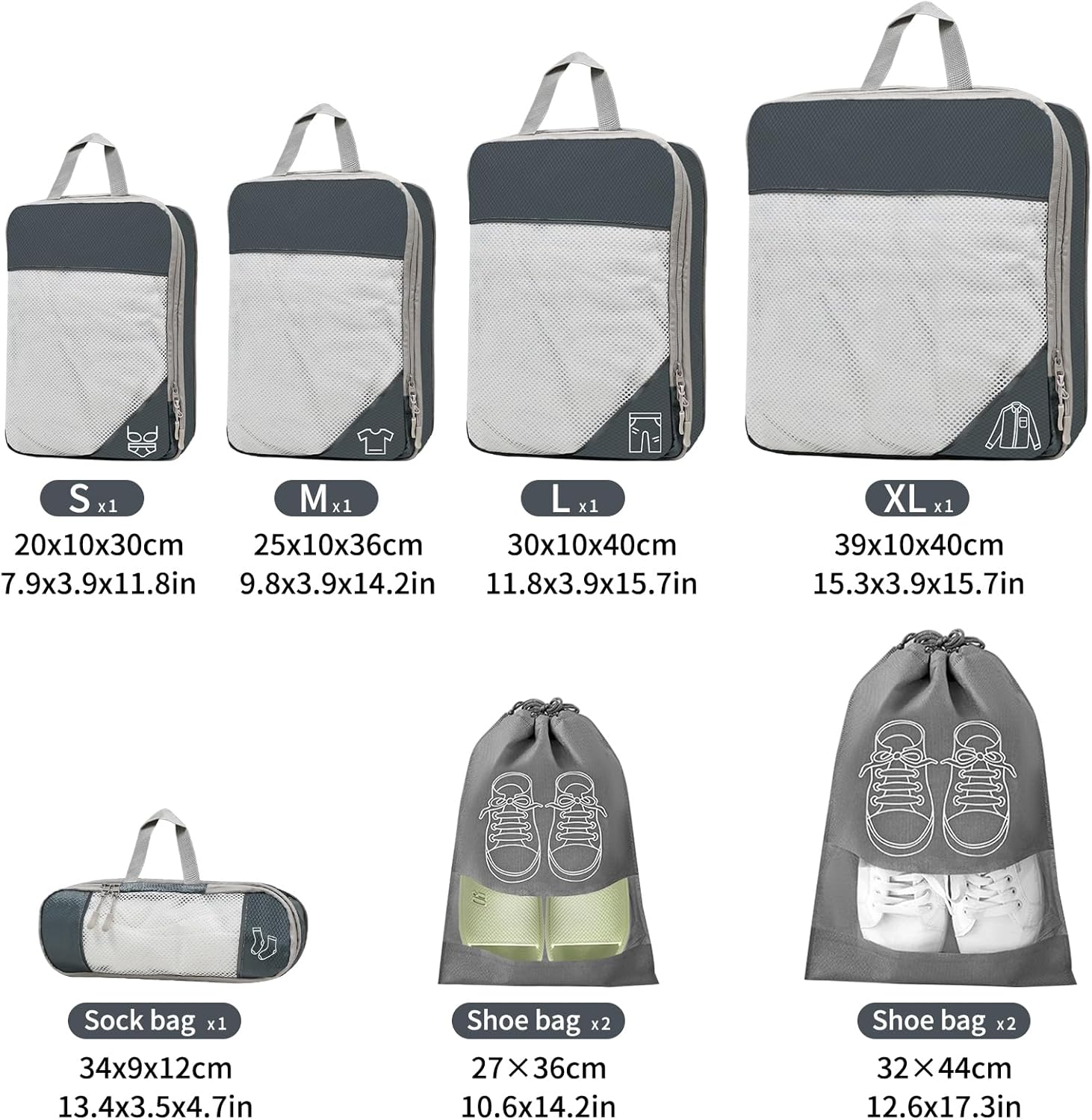 9 Pcs Lightweight Compression Packing Cubes Set, Expandable Water-Resistant Travel Organizer for Suitcase & Carry-On Luggage, Space-Saving Travel Accessories (Multi-Size, Grey) image number 4