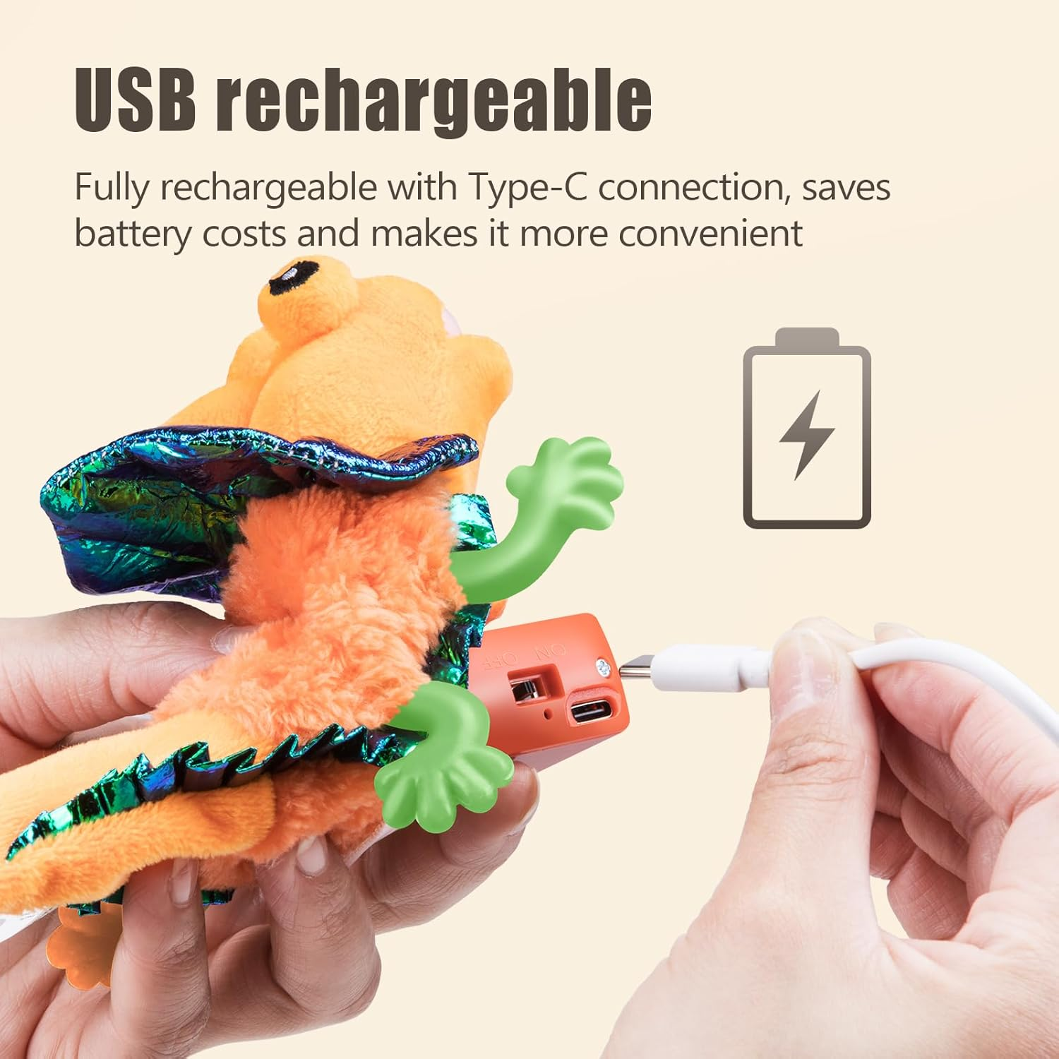 Migipaws Cat Toys, Touch Activated Flapping Chirping Lizard Kitten Toy with Catnip for Indoor Cats Kicker, Rechargeable (Orange) image number 2