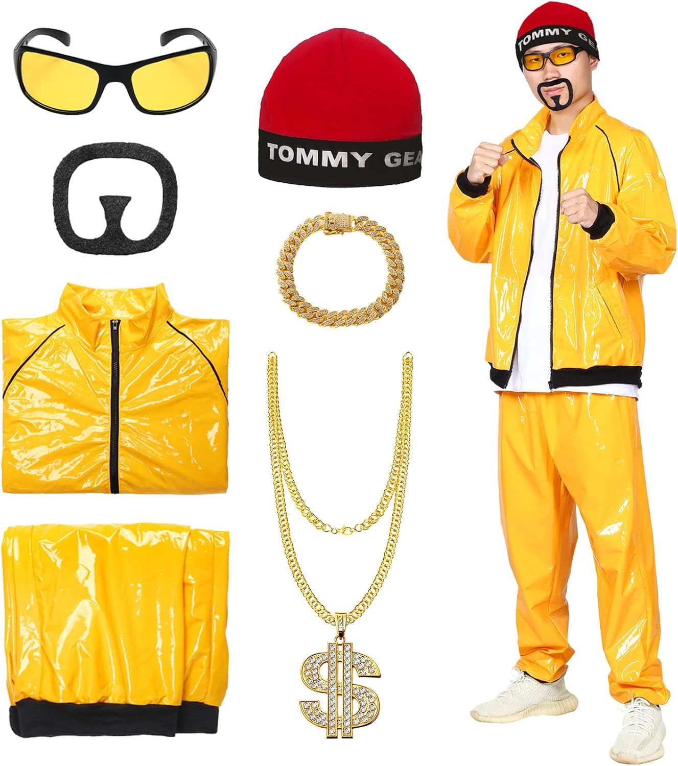 90S Fancy Dress Costumes Men Yellow 7 Pcs Shell Suit 80S 90S 80S Fancy Dress Men,Fancy Dress Costume for Disco,80S 90S Theme Party,Halloween,Stag Party image number 1