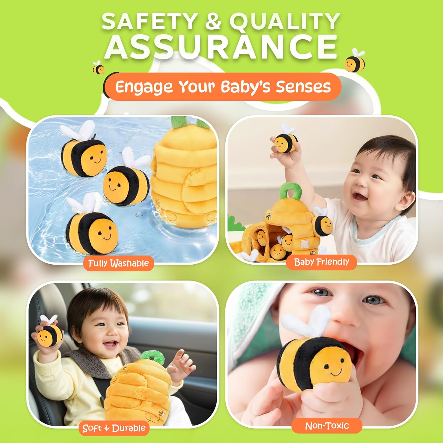 Nestoria Baby Plush Beehive Toy &ndash; Montessori Sensory Playset with 5 Soft Bees &ndash; Fine Motor Skill Development, Educational Plush Toy for Babies & Toddlers 6 12 36 Months | Baby Christmas Birthday Gift image number 1