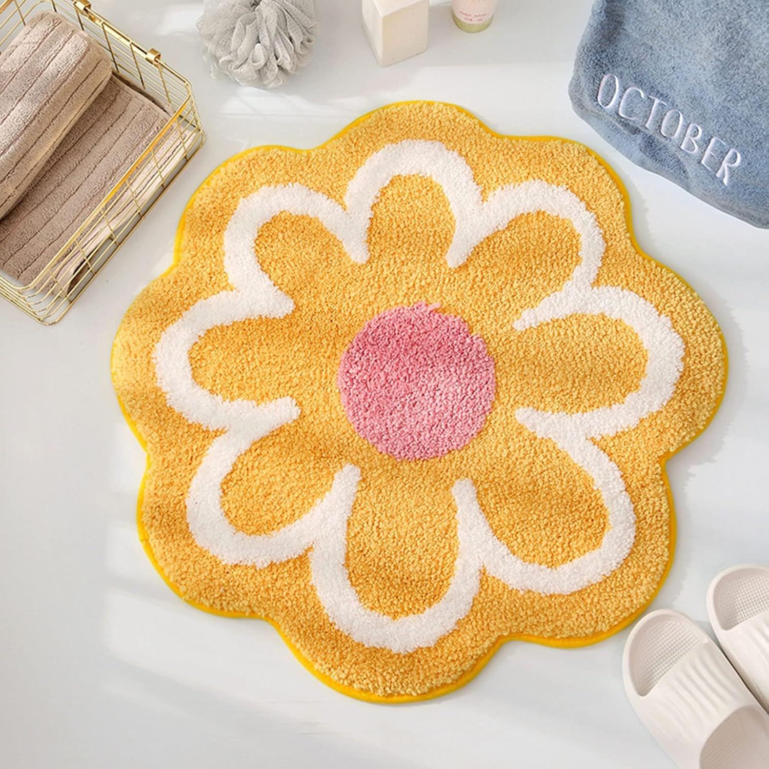 Cute Bath Mat, Soft Superfine Fiber Flower Floor Mat Bathroom, Non Slip Water Absorbent Rug Bath Mat Door Mats Rugs for Entrance Bedroom Kitchen Bathroom Toilet Floors 65 X 65Cm (Yellow) image number 3
